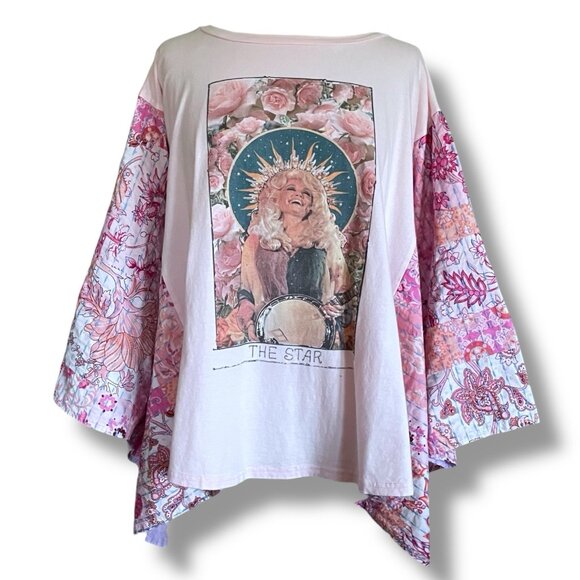 Blue Velvet Womens Upcycled Poncho Top Sz Large XL Pink Dolly Parton Kantha Boho - Picture 3 of 8